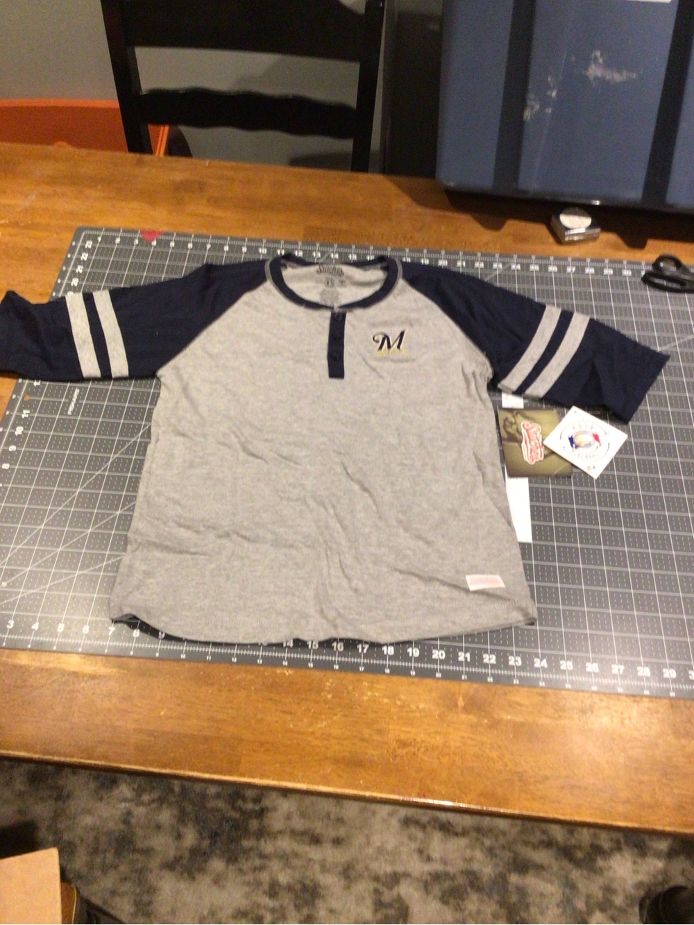 Youth MLB gray and Navy Henley Milwaukee Brewers Tee with 'M' Logo